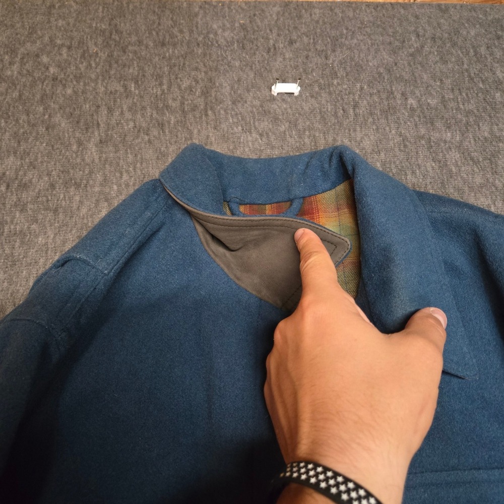 Vintage 90s LL Bean Wool Barn Coat Womens Petite L Blue Plaid Suede Chore Jacket - Picture 5 of 8
